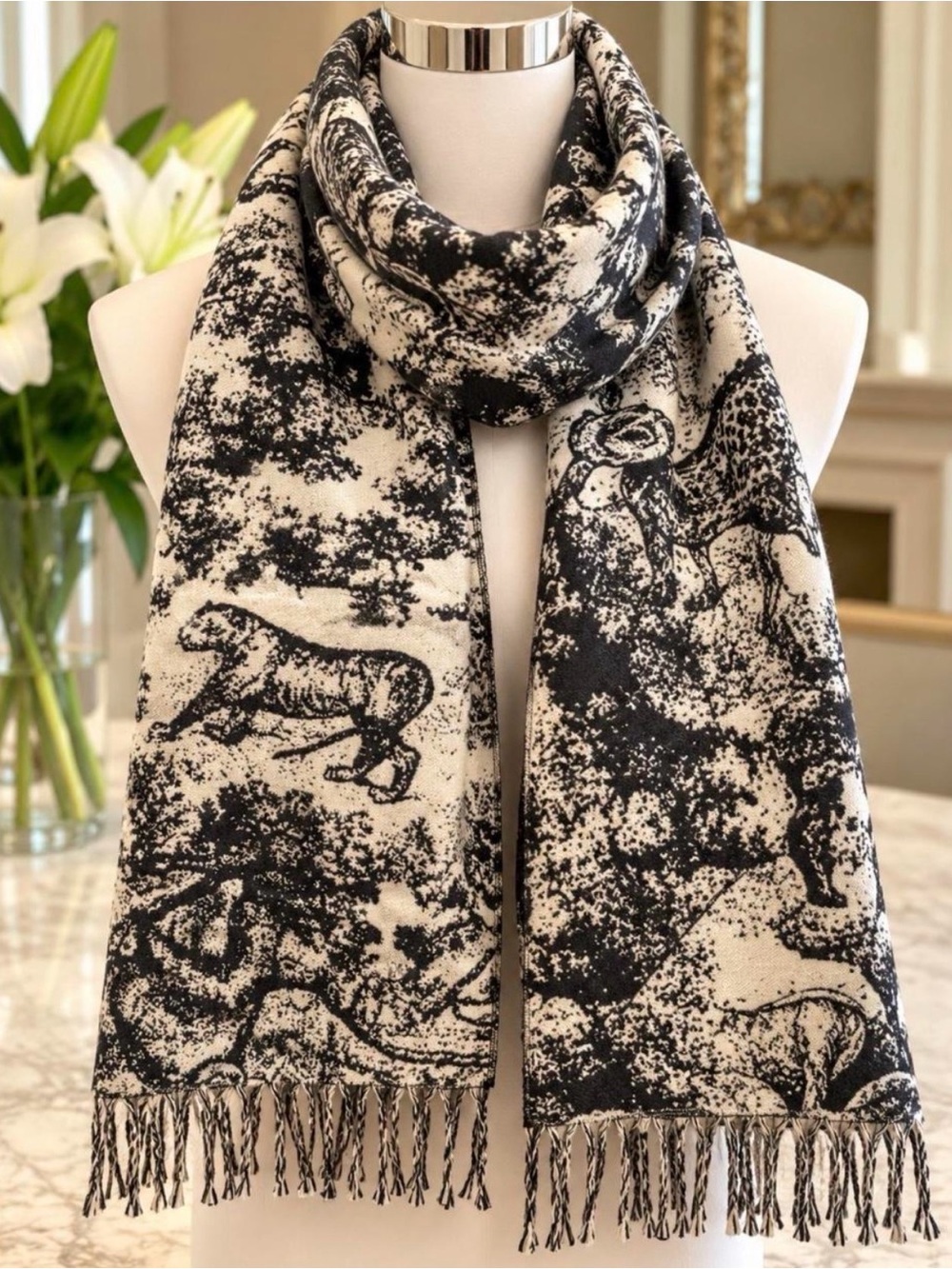 Black and Cream Animal Print Fringe Scarf